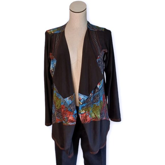 BALI • One Size MEDIUM & up • long sleeve cardigan jacket women's black colorful - Picture 1 of 8